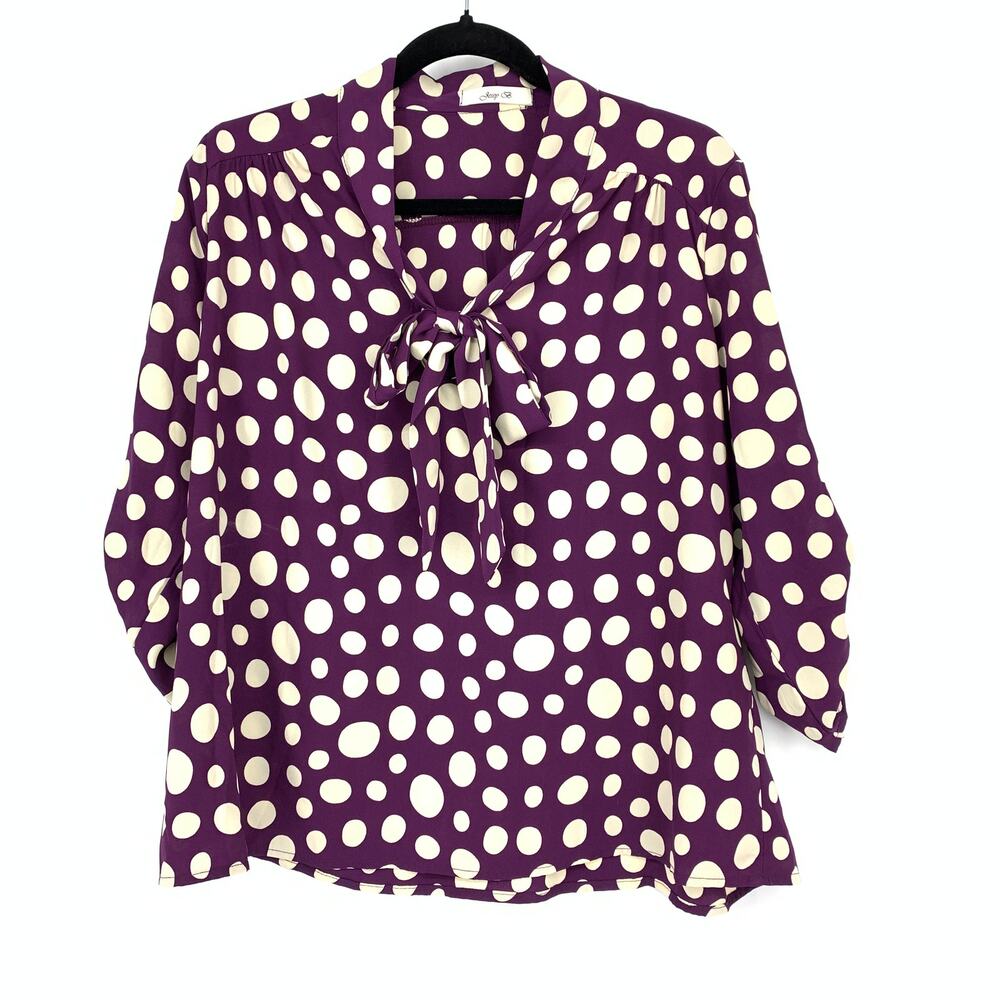 ModCloth Jessy B Tie Neck Long Sleeve Blouse Sz M Purple Cream Polka Dot Print